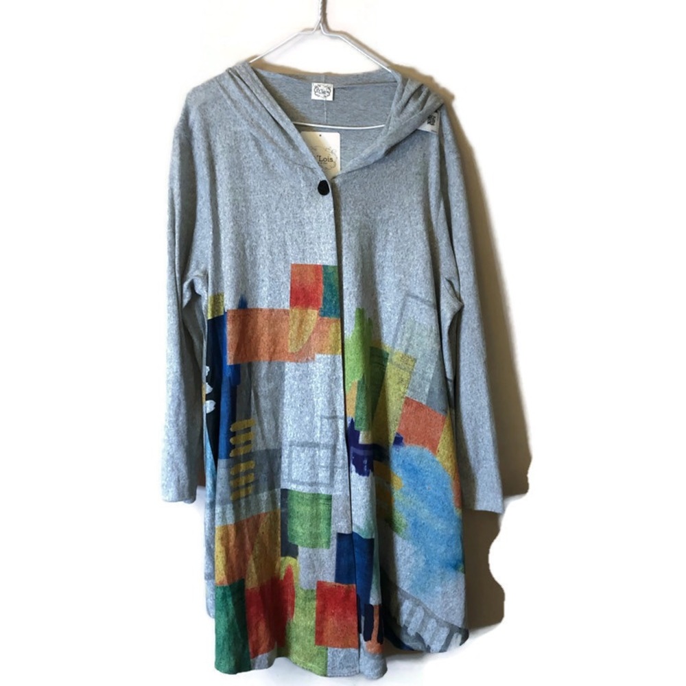 et lois womens abstract button Open Front Hooded Duster/ Cape sz xl